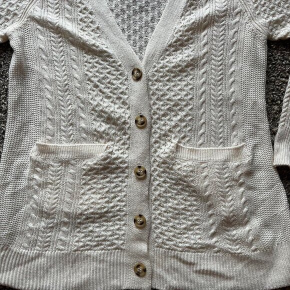 Pink Rose Cable Knit Cardigan Womens Large Cream Cottagecore Pockets - Picture 3 of 7